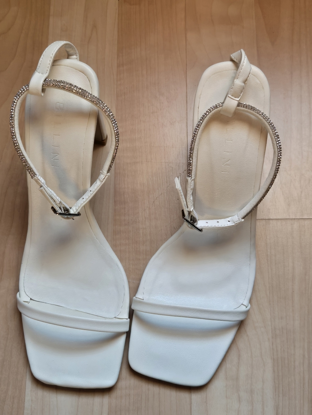 White Women's Ankle-Strap Heels with Rhinestone Accent